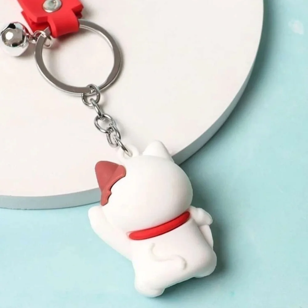 Lucky Maneki Neko Cat Good Luck Keychain Bell Charm Red Wrist Strap